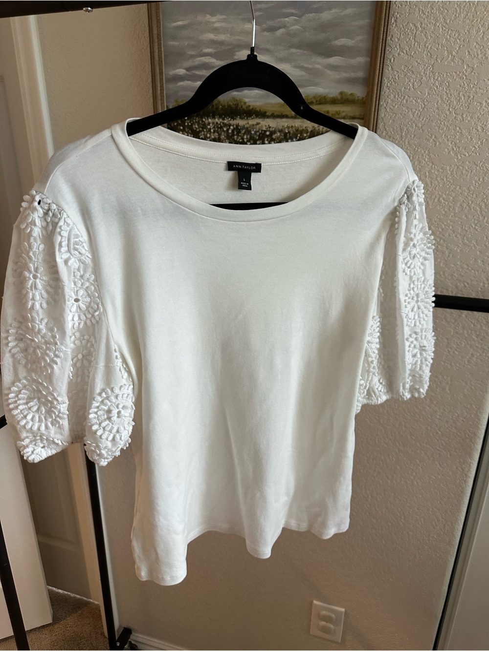 Ann Taylor White Eyelet Puff Sleeve Tee